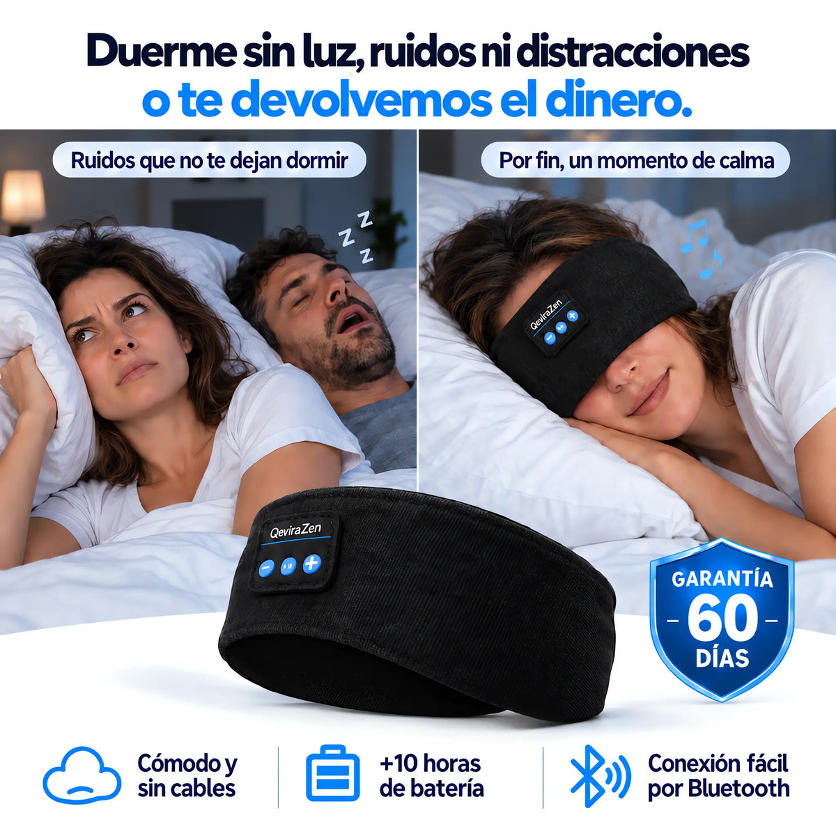 QeviraZen™ — Antifaz Bluetooth cómodo para dormir de lado