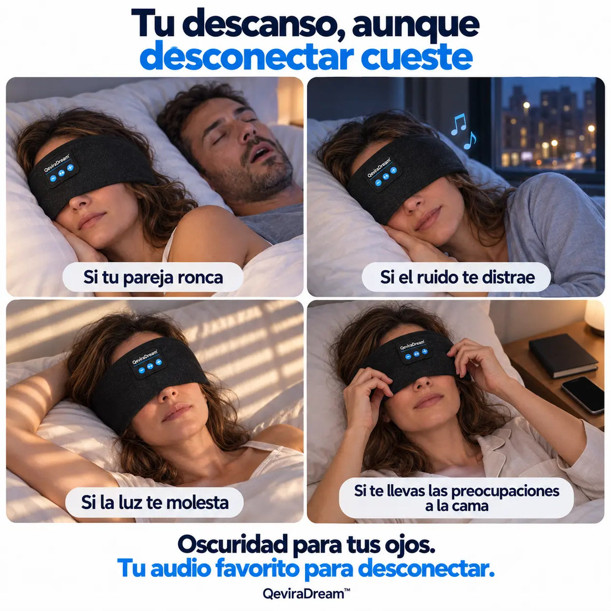 QeviraZen™ — Antifaz Bluetooth cómodo para dormir de lado
