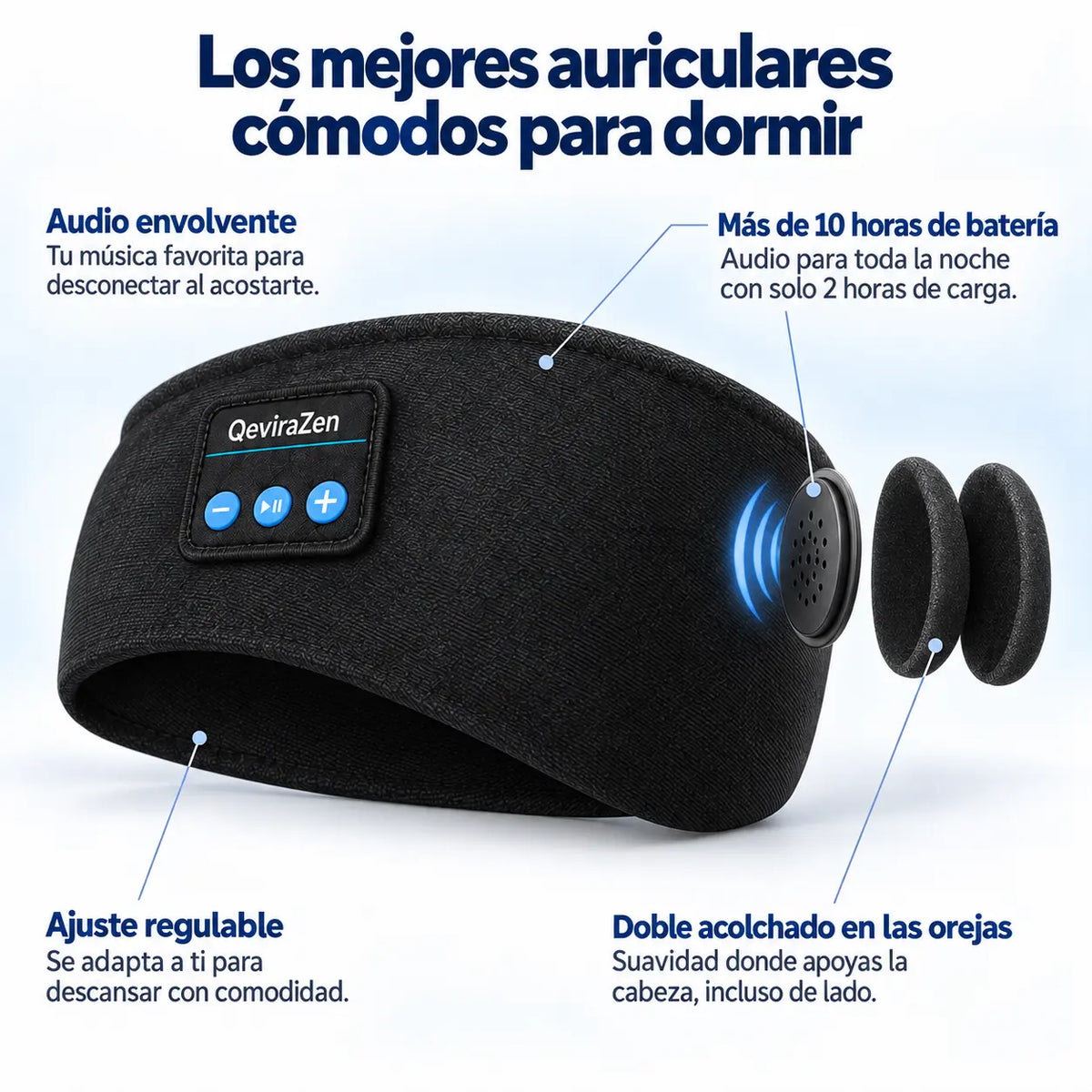 QeviraZen™ — Antifaz Bluetooth cómodo para dormir de lado