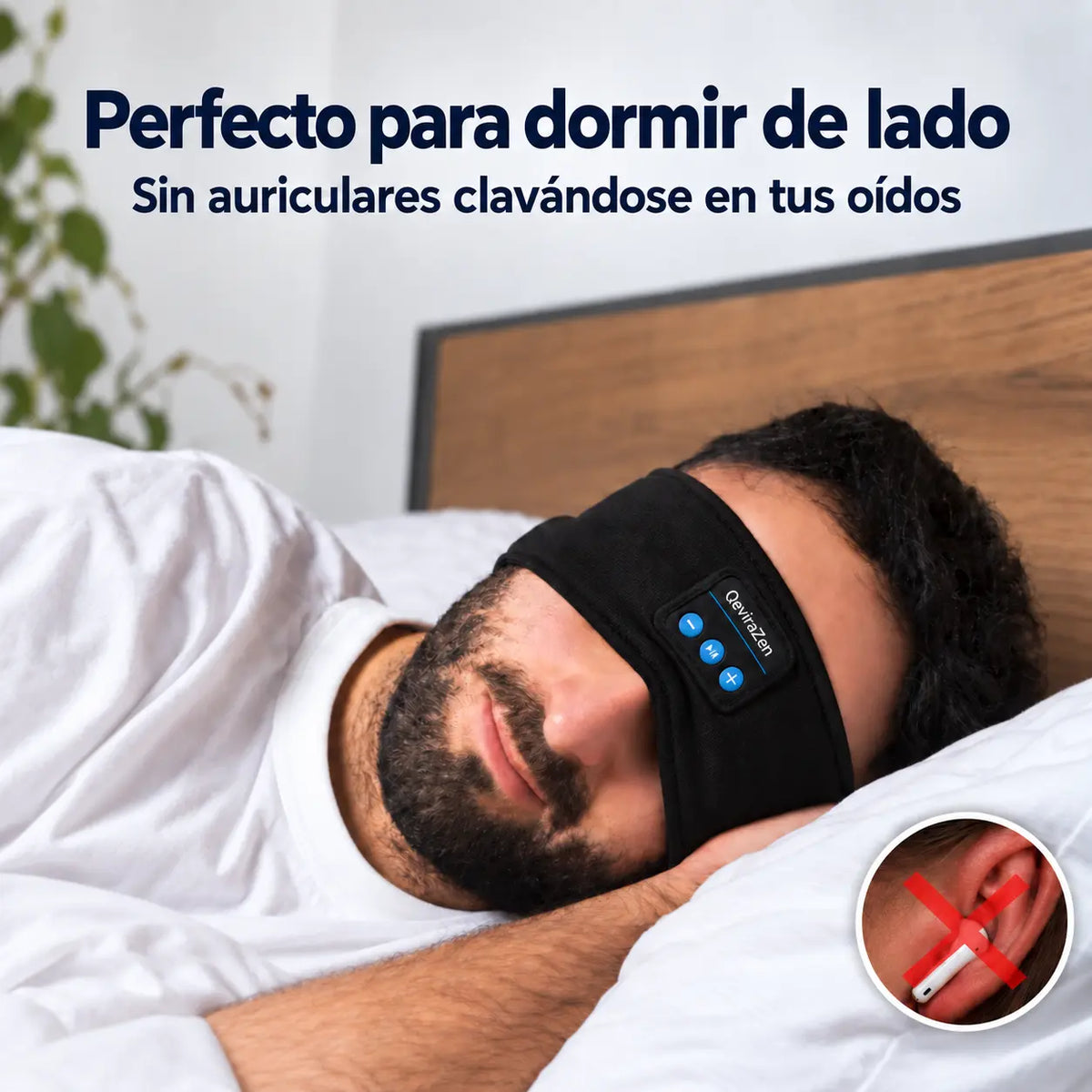 QeviraZen™ — Antifaz Bluetooth cómodo para dormir de lado
